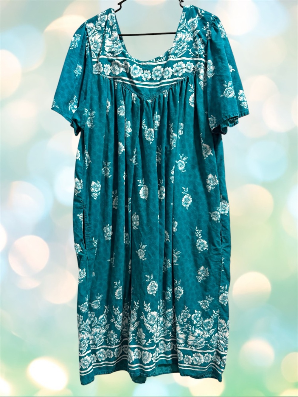 Daffodil Teal Floral Cotton Maxi Short Sleeve Dress with White Flowers - 3X
